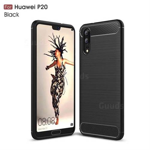 Luxury Carbon Fiber Brushed Wire Drawing Silicone TPU Back Cover for Huawei P20 - Black