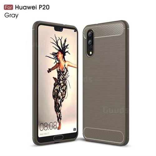 Luxury Carbon Fiber Brushed Wire Drawing Silicone TPU Back Cover for Huawei P20 - Gray