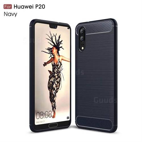 Luxury Carbon Fiber Brushed Wire Drawing Silicone TPU Back Cover for Huawei P20 - Navy