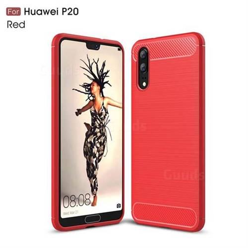 Luxury Carbon Fiber Brushed Wire Drawing Silicone TPU Back Cover for Huawei P20 - Red