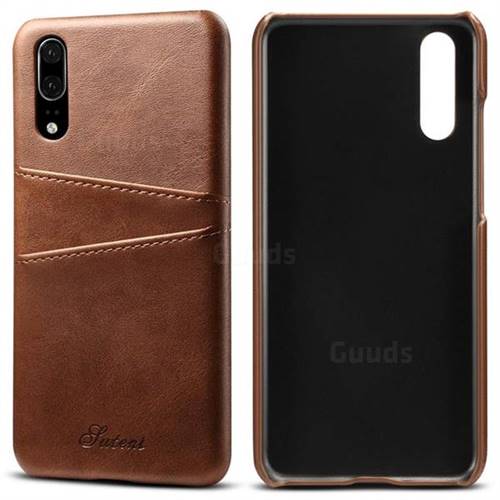 Suteni Retro Classic Card Slots Calf Leather Coated Back Cover for Huawei P20 - Brown