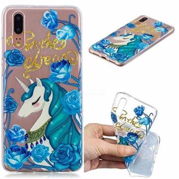 Blue Flower Unicorn Clear Varnish Soft Phone Back Cover for Huawei P20