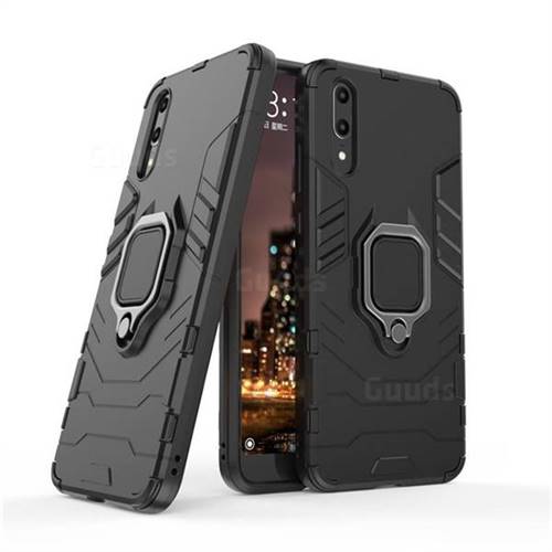 Black Panther Armor Metal Ring Grip Shockproof Dual Layer Rugged Hard Cover for Huawei P20 - Black
