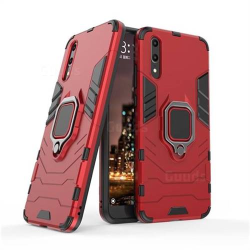 Black Panther Armor Metal Ring Grip Shockproof Dual Layer Rugged Hard Cover for Huawei P20 - Red