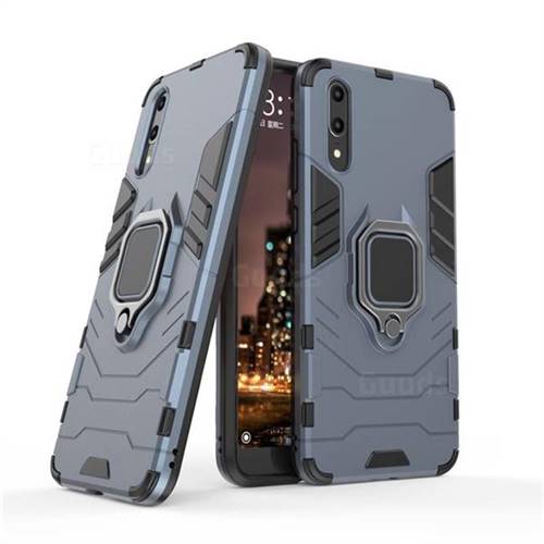 Black Panther Armor Metal Ring Grip Shockproof Dual Layer Rugged Hard Cover for Huawei P20 - Blue
