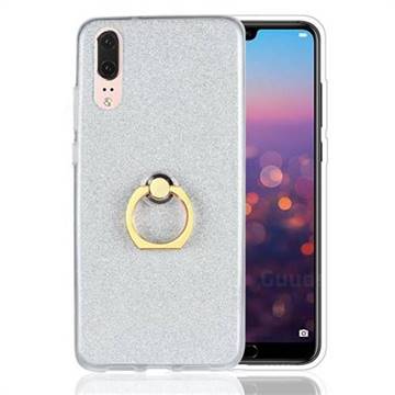 Luxury Soft TPU Glitter Back Ring Cover with 360 Rotate Finger Holder Buckle for Huawei P20 - White