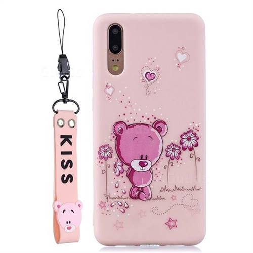 Pink Flower Bear Soft Kiss Candy Hand Strap Silicone Case for Huawei P20