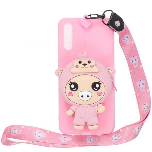 Pink Pig Neck Lanyard Zipper Wallet Silicone Case for Huawei P20