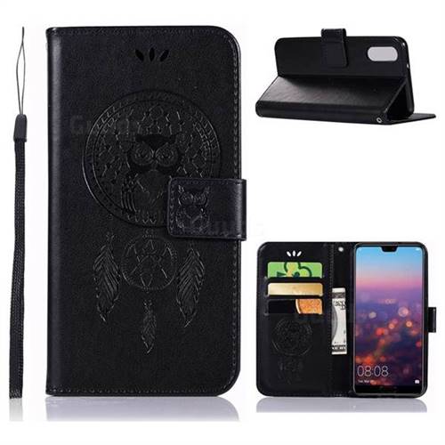 Intricate Embossing Owl Campanula Leather Wallet Case for Huawei P20 - Black
