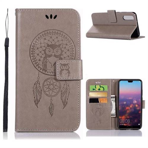 Intricate Embossing Owl Campanula Leather Wallet Case for Huawei P20 - Grey