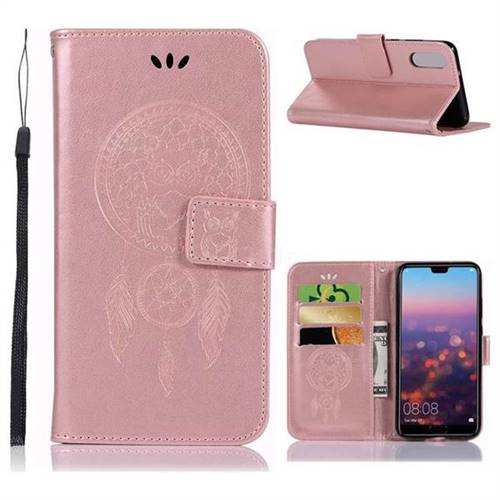 Intricate Embossing Owl Campanula Leather Wallet Case for Huawei P20 - Rose Gold