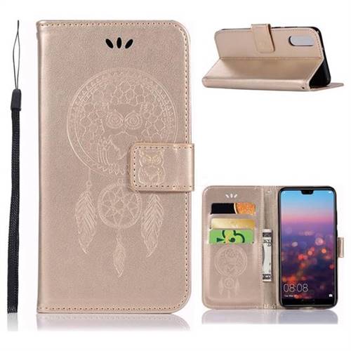 Intricate Embossing Owl Campanula Leather Wallet Case for Huawei P20 - Champagne
