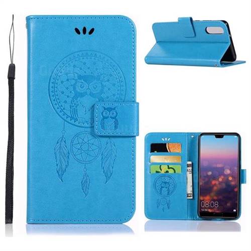 Intricate Embossing Owl Campanula Leather Wallet Case for Huawei P20 - Blue