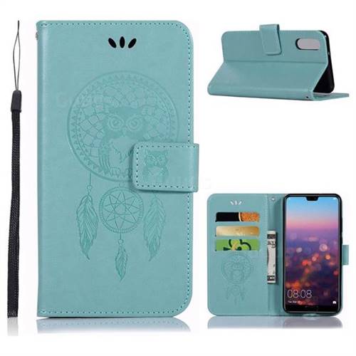 Intricate Embossing Owl Campanula Leather Wallet Case for Huawei P20 - Green