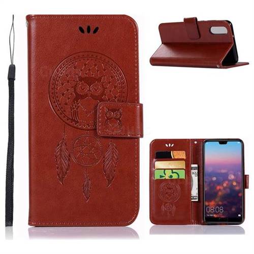 Intricate Embossing Owl Campanula Leather Wallet Case for Huawei P20 - Brown