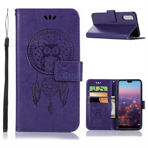Intricate Embossing Owl Campanula Leather Wallet Case for Huawei P20 - Purple