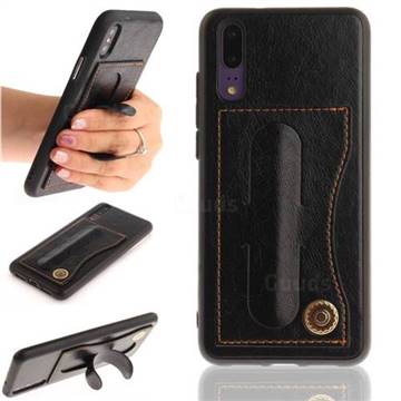 Retro Leather Coated Back Cover with Hidden Kickstand and Card Slot for Huawei P20 - Black