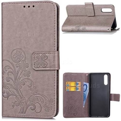 Embossing Imprint Four-Leaf Clover Leather Wallet Case for Huawei P20 - Grey
