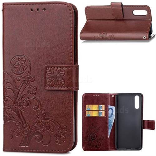 Embossing Imprint Four-Leaf Clover Leather Wallet Case for Huawei P20 - Brown