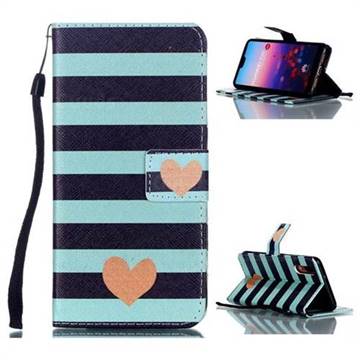 Blue Stripe Heart Leather Wallet Phone Case for Huawei P20