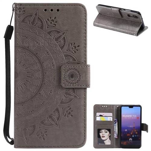 Intricate Embossing Datura Leather Wallet Case for Huawei P20 - Gray
