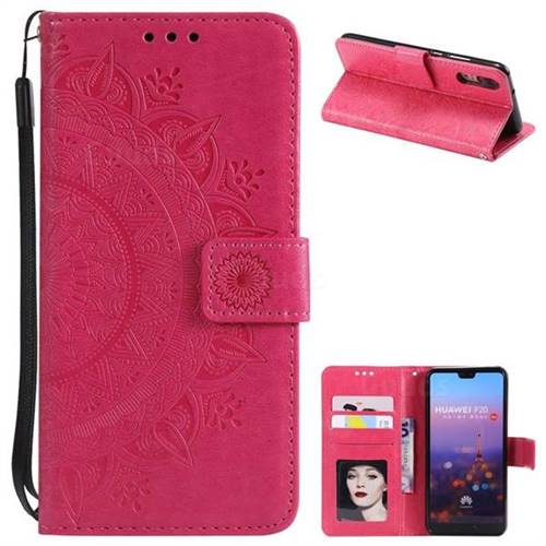 Intricate Embossing Datura Leather Wallet Case for Huawei P20 - Rose Red