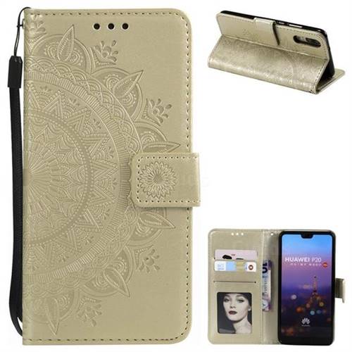 Intricate Embossing Datura Leather Wallet Case for Huawei P20 - Golden