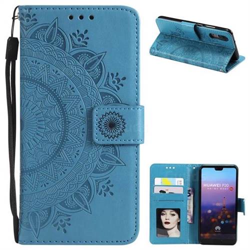 Intricate Embossing Datura Leather Wallet Case for Huawei P20 - Blue