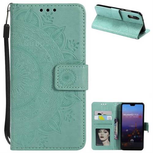 Intricate Embossing Datura Leather Wallet Case for Huawei P20 - Mint Green