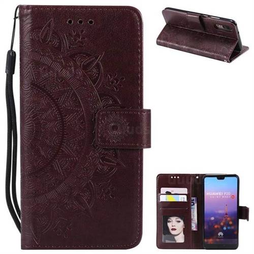 Intricate Embossing Datura Leather Wallet Case for Huawei P20 - Brown