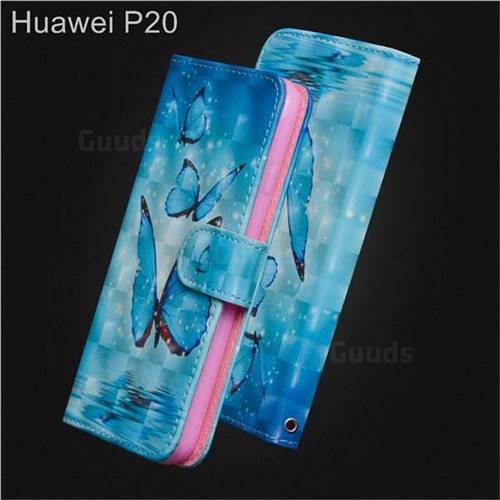 Blue Sea Butterflies 3D Painted Leather Wallet Case for Huawei P20