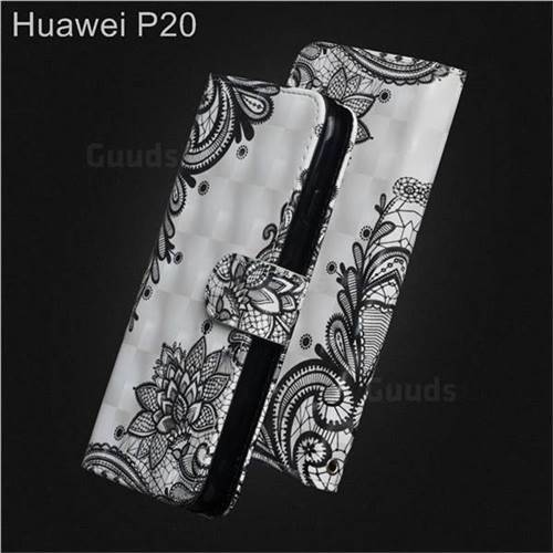 Black Lace Flower 3D Painted Leather Wallet Case for Huawei P20
