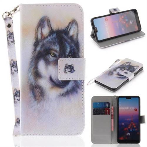 Snow Wolf Hand Strap Leather Wallet Case for Huawei P20
