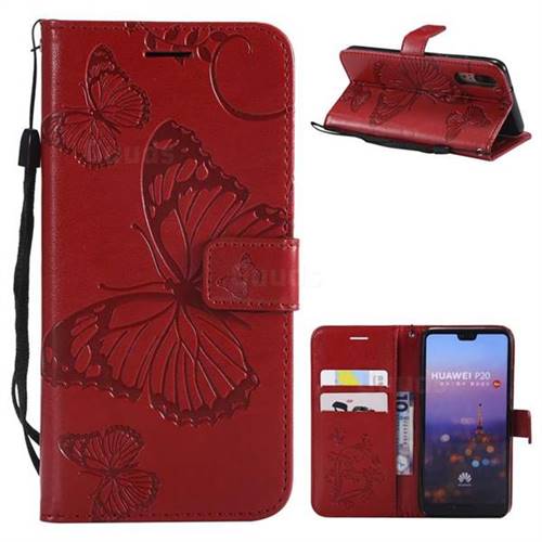 Embossing 3D Butterfly Leather Wallet Case for Huawei P20 - Red
