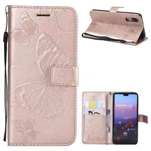 Embossing 3D Butterfly Leather Wallet Case for Huawei P20 - Rose Gold