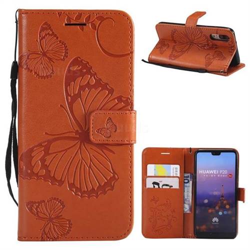 Embossing 3D Butterfly Leather Wallet Case for Huawei P20 - Orange