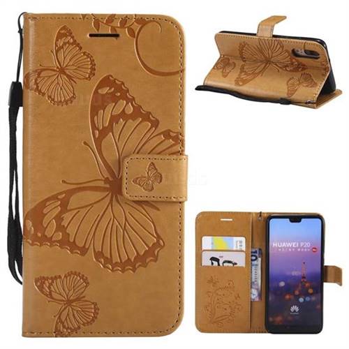Embossing 3D Butterfly Leather Wallet Case for Huawei P20 - Yellow