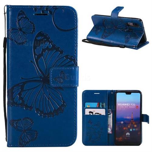 Embossing 3D Butterfly Leather Wallet Case for Huawei P20 - Blue