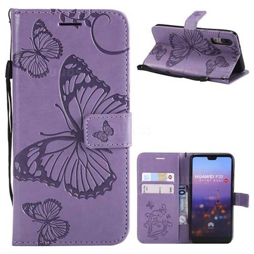 Embossing 3D Butterfly Leather Wallet Case for Huawei P20 - Purple