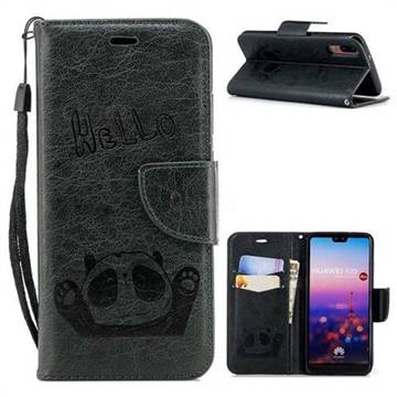 Embossing Hello Panda Leather Wallet Phone Case for Huawei P20 - Seagreen
