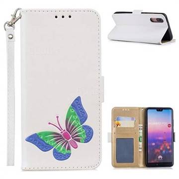 Imprint Embossing Butterfly Leather Wallet Case for Huawei P20 - White