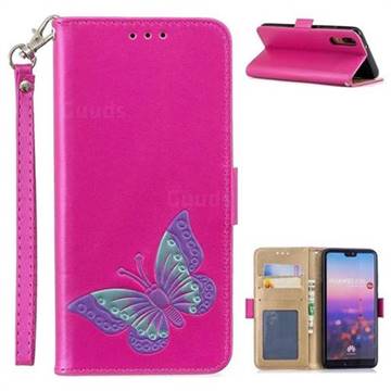 Imprint Embossing Butterfly Leather Wallet Case for Huawei P20 - Rose Red