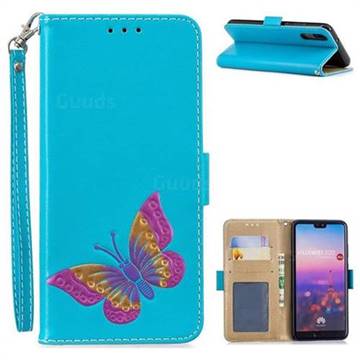 Imprint Embossing Butterfly Leather Wallet Case for Huawei P20 - Sky Blue