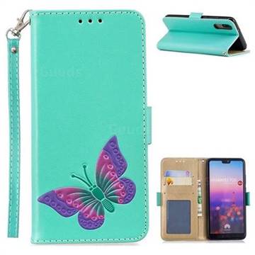 Imprint Embossing Butterfly Leather Wallet Case for Huawei P20 - Mint Green