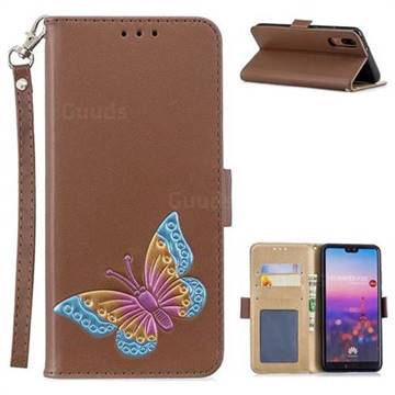 Imprint Embossing Butterfly Leather Wallet Case for Huawei P20 - Brown
