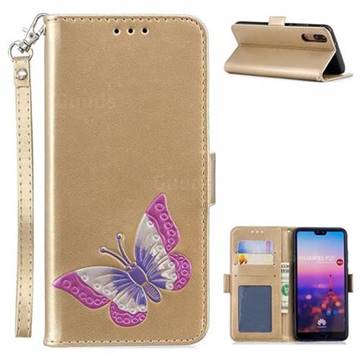Imprint Embossing Butterfly Leather Wallet Case for Huawei P20 - Golden