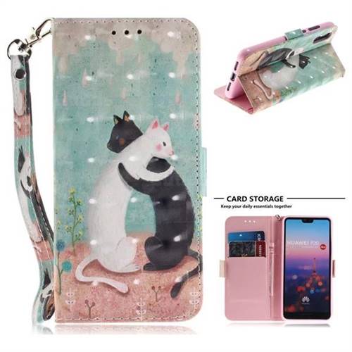 Black and White Cat 3D Painted Leather Wallet Phone Case for Huawei P20
