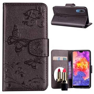 Embossing Butterfly Morning Glory Mirror Leather Wallet Case for Huawei P20 - Silver Gray