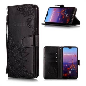 Intricate Embossing Lotus Mandala Flower Leather Wallet Case for Huawei P20 - Black
