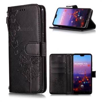 Intricate Embossing Dandelion Butterfly Leather Wallet Case for Huawei P20 - Black